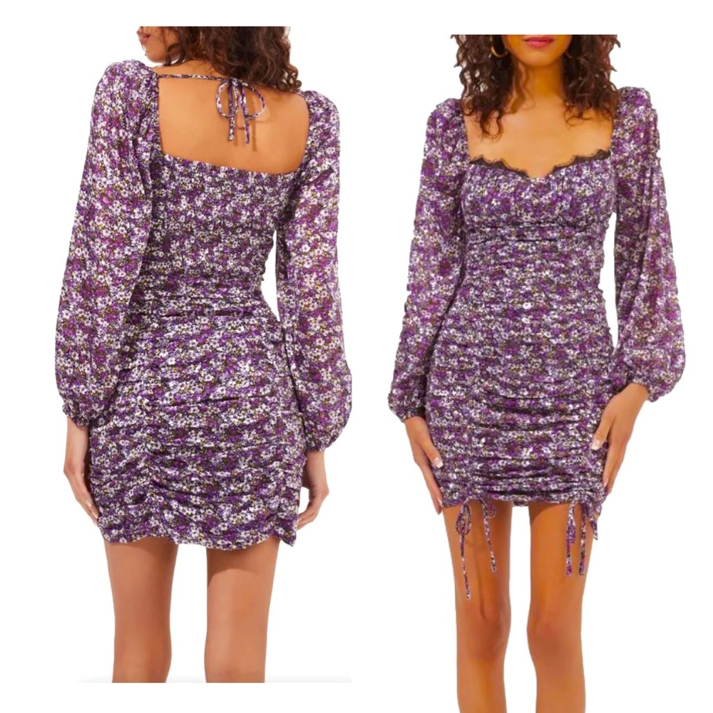 NWT ASTR the label purple floral ruched scrunch sweetheart eyelash lace mini XS
